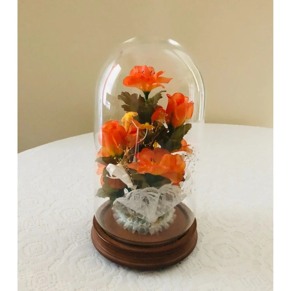 Vtg Silk Orange Roses Lace Ribbon Footed Wooden Glass Dome Conche 12